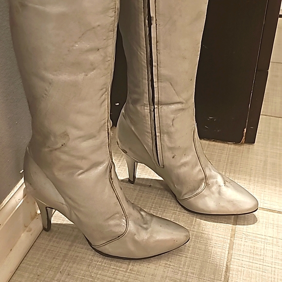 Vintage Over-The-Knee Genuine Leather Boots, Sz 8M Silver w/Top Black/Gold/Silve